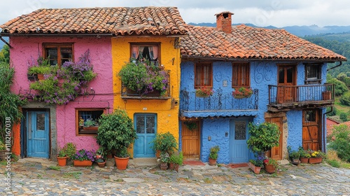 Colorful houses with flower boxes line a stone street