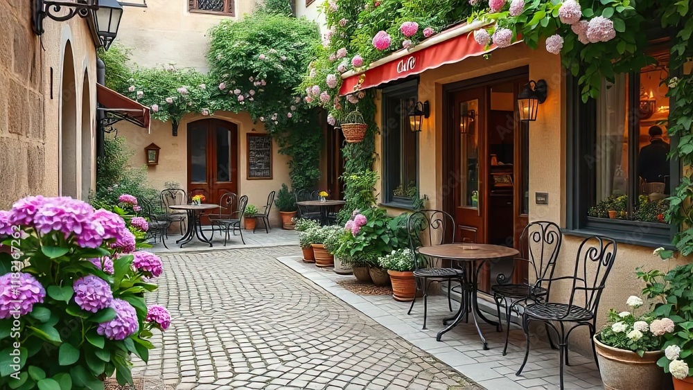 Fototapeta premium Charming European Courtyard Cafe: A picturesque cobblestone courtyard, abundant with blooming hydrangeas, features a charming cafe with inviting outdoor seating. Perfect for travel blogs.