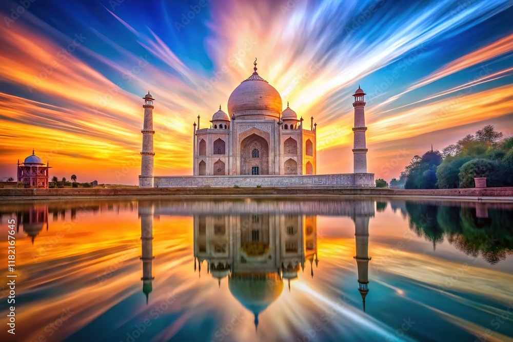 Fototapeta premium Generative AI art: Taj Mahal sunset, long exposure, breathtaking.