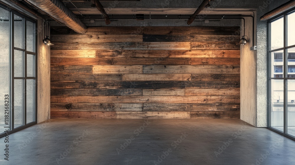 Rustic Industrial Interior Design: A Spacious Room with Reclaimed Wood Walls and Concrete Floor Rustic Industrial Interior Design: A Spacious Room with Reclaimed Wood Walls and Concrete Floor