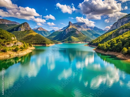 Stunning Lanuza Reservoir, Huesca, Spain: Panoramic View with Copy Space