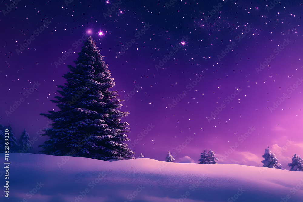 Naklejka premium Beautiful spruce tree against magic snowy landscape with dark blue and purple night starry sky. Happy New Year and Merry Christmas. Winter holidays celebration background. Color of 2025
