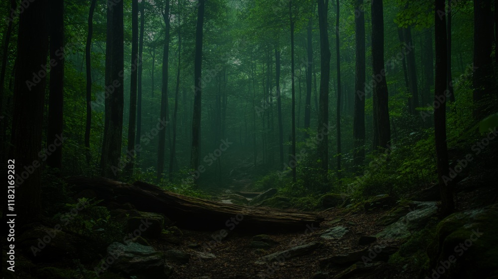 Obraz premium Misty Forest Path, Green Canopy, Fallen Log Trail