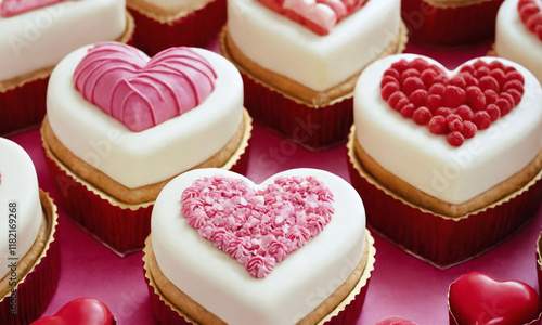 Heart-shaped cupcakes with colorful decorations on a vibrant pink background. Valentine’s Day idea, date, engagement party, love party, eat, food