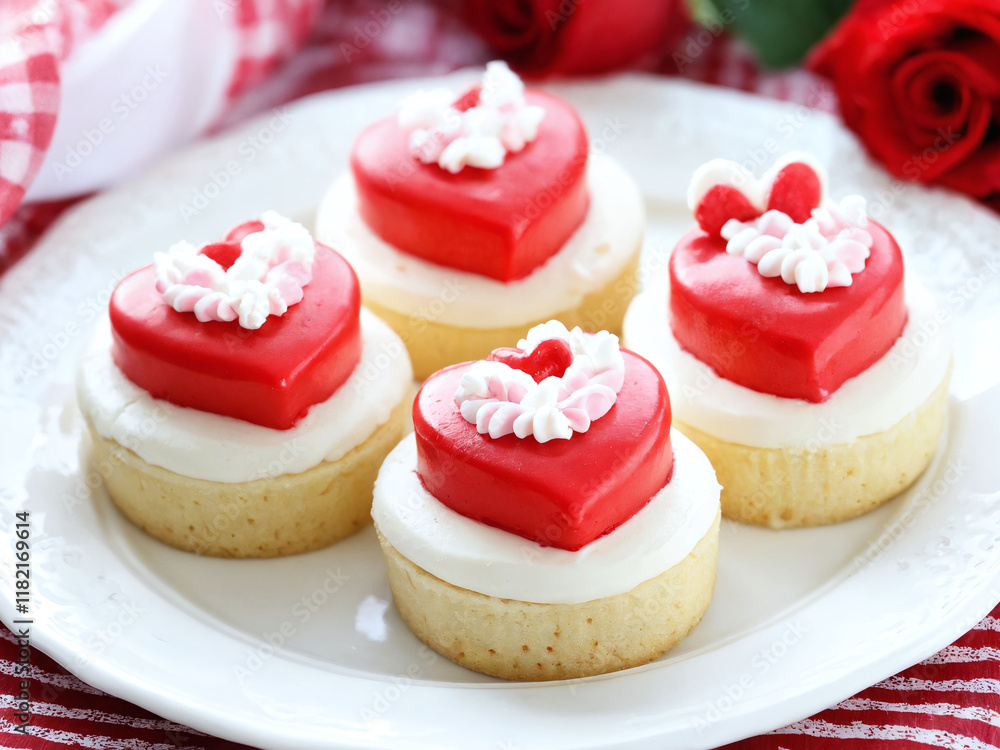 Colorful heart-shaped cupcakes with frosting on a decorative plate for a festive celebration. Valentine’s Day idea, date, engagement party, love party, eat, food Colorful heart-shaped cupcakes with frosting on a decorative plate for a festive celebration. Valentine’s Day idea, date, engagement party, love party, eat, food