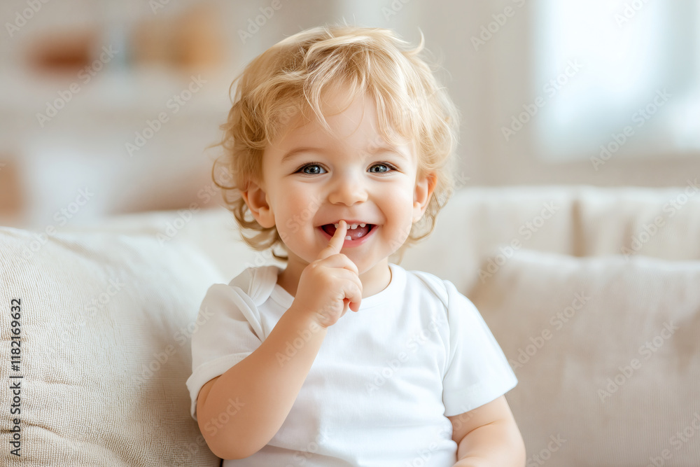 happy toddler with curly blonde hair smiles while playfully placing finger on their lips, creating charming and playful atmosphere happy toddler with curly blonde hair smiles while playfully placing finger on their lips, creating charming and playful atmosphere