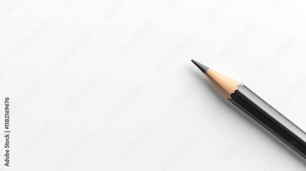 Simple black pencil resting diagonally on clean, blank white paper emphasizing minimalism and creativity Simple black pencil resting diagonally on clean, blank white paper emphasizing minimalism and creativity