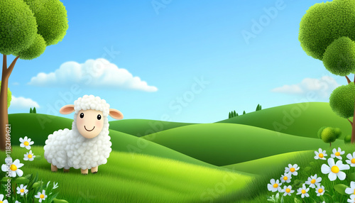 Meadow with grazing sheep and soft green blank space - Perfect for eco-themed graphics or rural visuals photo