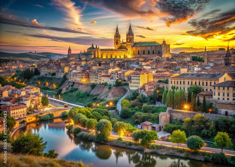 Fototapeta premium Stunning Panoramic Toledo Skyline View at Sunset, Majestic Cathedral & River Tagus