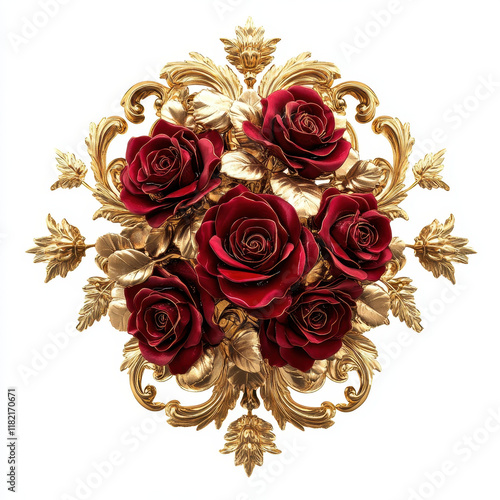 Luxurious red rose bouquet with ornate golden accents, perfect for decor