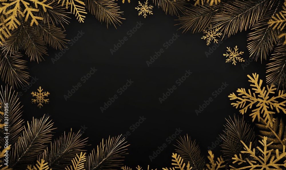 Naklejka premium Gold snowflakes and pine branches frame on black background for holiday card or banner.
