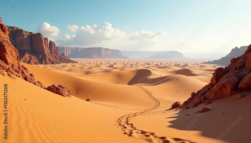 Fototapeta premium Dune field with shifting sands and rugged rocks, desert terrain, dune field