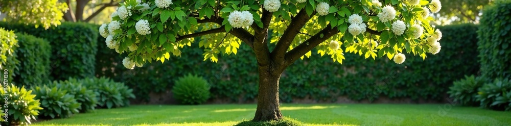 El ?rbol de ciruelo crece en el jard?n privado con hojas verdes y flores blancas, ciudad, jard?n, flor El ?rbol de ciruelo crece en el jard?n privado con hojas verdes y flores blancas, ciudad, jard?n, flor