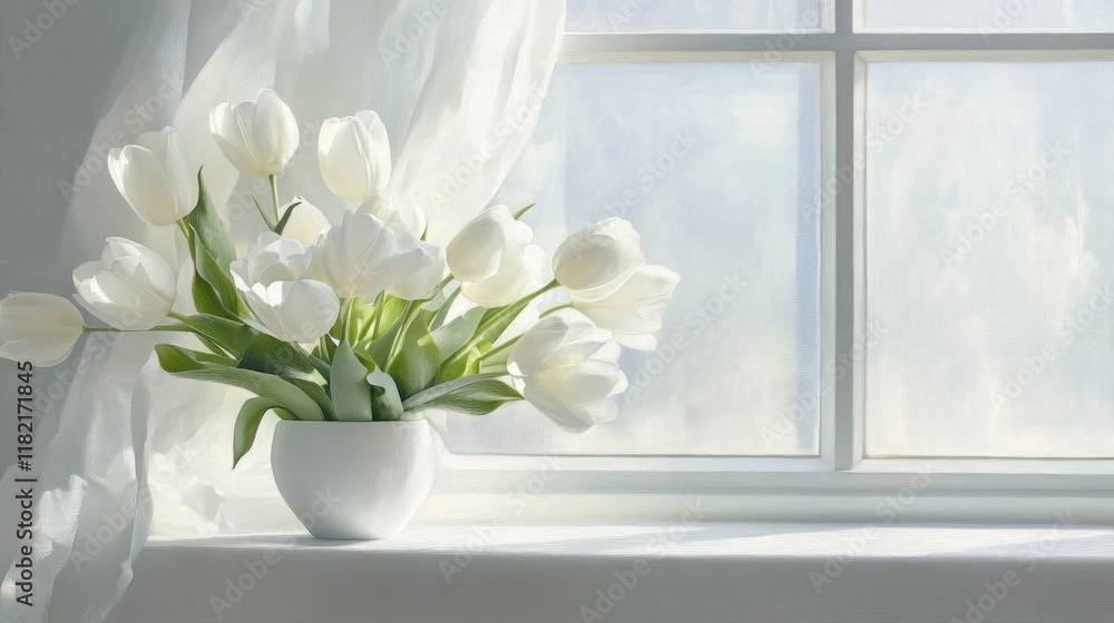 White tulips in a vase on a window sill, sunlight streaming through sheer curtains.