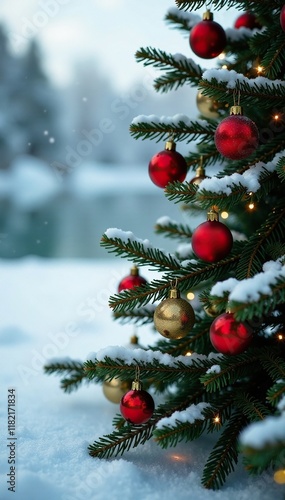 Fir branches adorned with golden red balls and festive ribbons on a frozen lake, winter, red, treeballs
