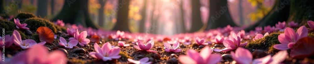 Forest floor with fallen cherry blossom petals, blossoms, nature scenes Forest floor with fallen cherry blossom petals, blossoms, nature scenes