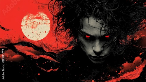 Dark haired man with red eyes against a red background