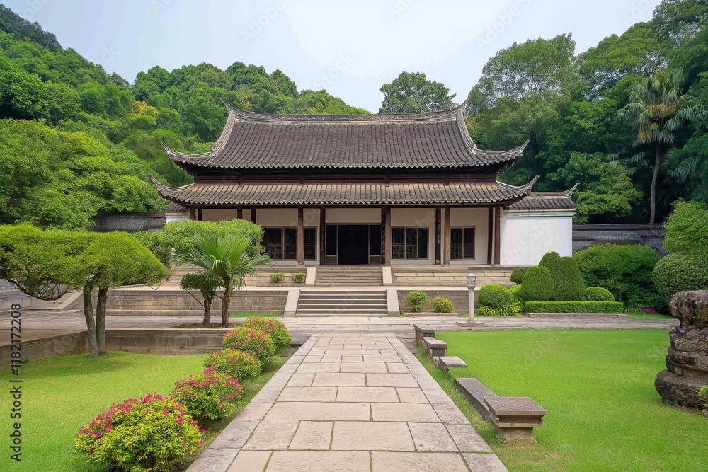 A traditional Chinese building with curved roofs sits in a landscaped garden, featuring trimmed greenery, vibrant flowers, and a stone walkway leading to the entrance A traditional Chinese building with curved roofs sits in a landscaped garden, featuring trimmed greenery, vibrant flowers, and a stone walkway leading to the entrance
