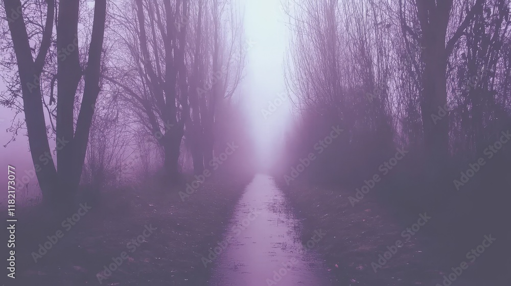 Fototapeta premium Misty Purple Pathway Through Foggy Winter Trees