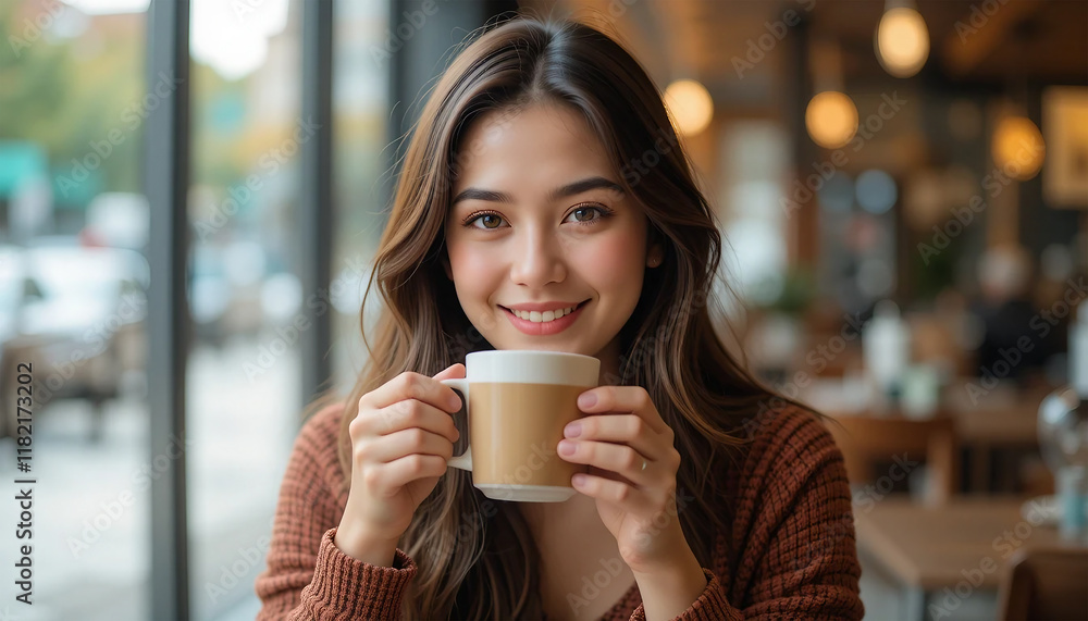 A cheerful young woman with a bright smile holds a white coffee cup, enjoying a moment in a cafe. A cheerful young woman with a bright smile holds a white coffee cup, enjoying a moment in a cafe.