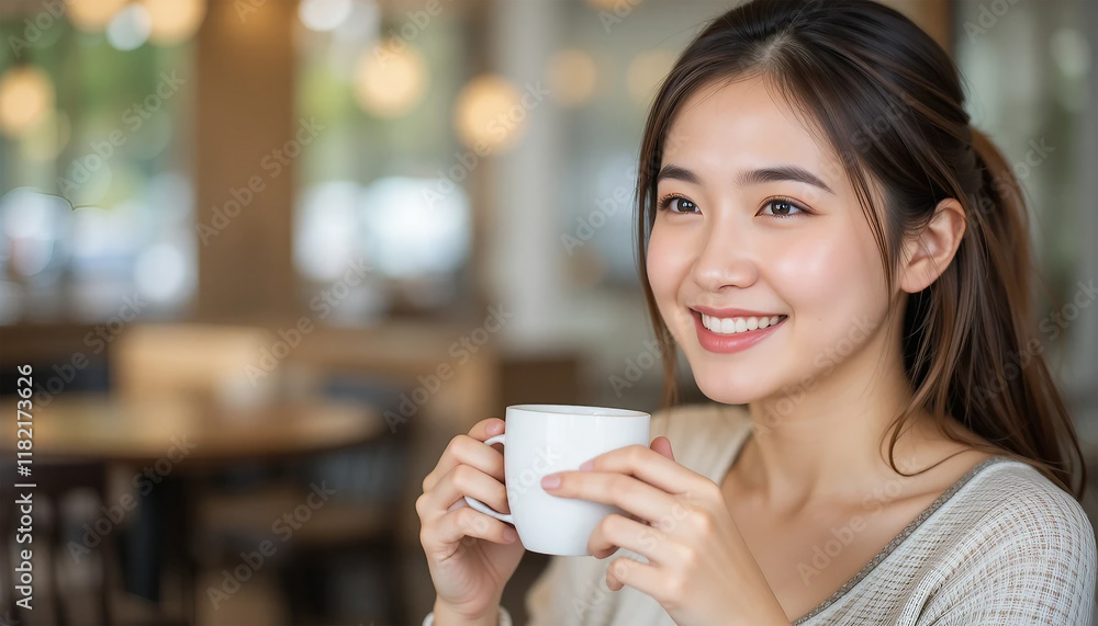 A cheerful young woman with a bright smile holds a white coffee cup, enjoying a moment in a cafe. A cheerful young woman with a bright smile holds a white coffee cup, enjoying a moment in a cafe.