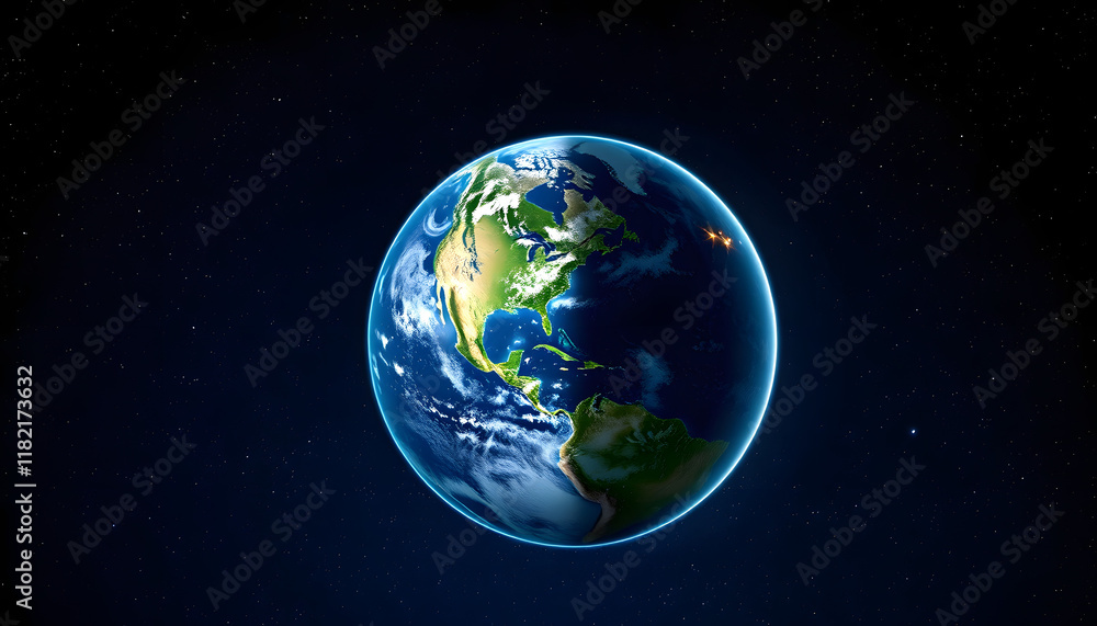 Obraz premium Rotating planet earth in space. Half of the planet is illuminated, on the dark side there is light from houses. Starry sky. The concept of changing day and night, pop-art, with white tones