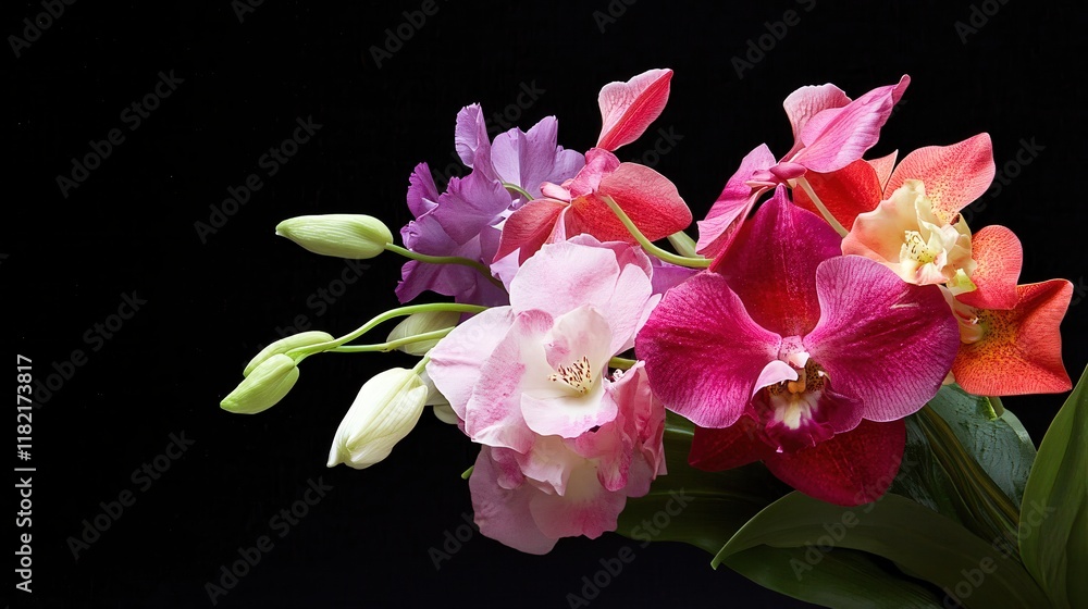 Fototapeta premium Colorful Orchid Bouquet with Various Shades, Fresh Blooms on Black Background
