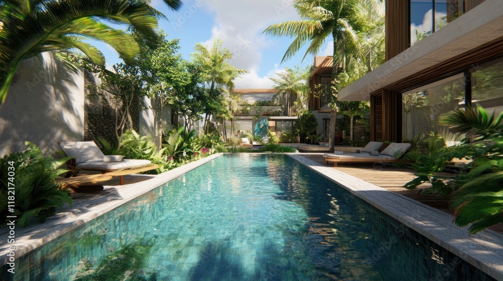 Fototapeta premium Luxury Tropical Villa with Private Pool and Lush Gardens