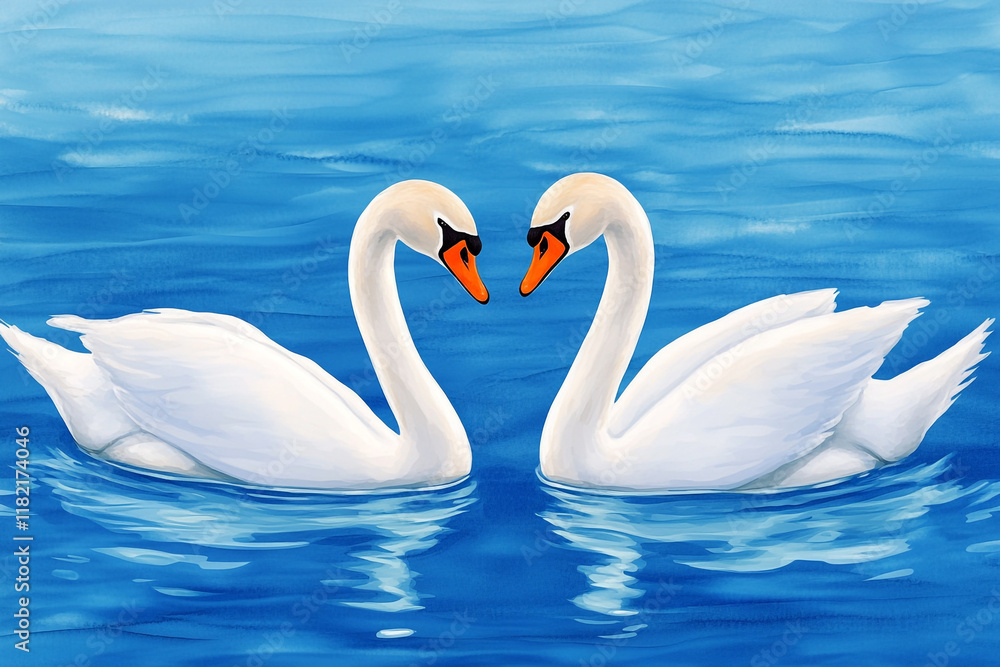 Obraz premium Romantic watercolor illustration of two swans gliding gracefully across a serene lake - ideal for wedding invitations or love-themed designs