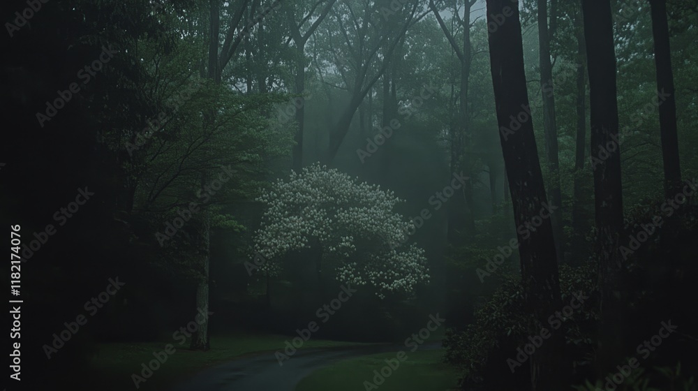 Fototapeta premium MistyForestPathWhiteFloweringTreeMorningScene