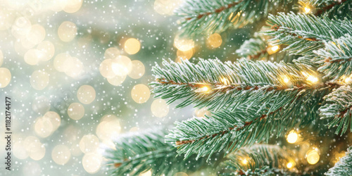 Wallpaper Mural Frosted pine branches adorned with glowing lights create magical winter scene, evoking warmth of holiday season amidst falling snowflakes Torontodigital.ca