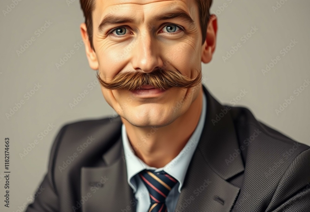 Man with moustache in classic suit with subtle smile Man with moustache in classic suit with subtle smile