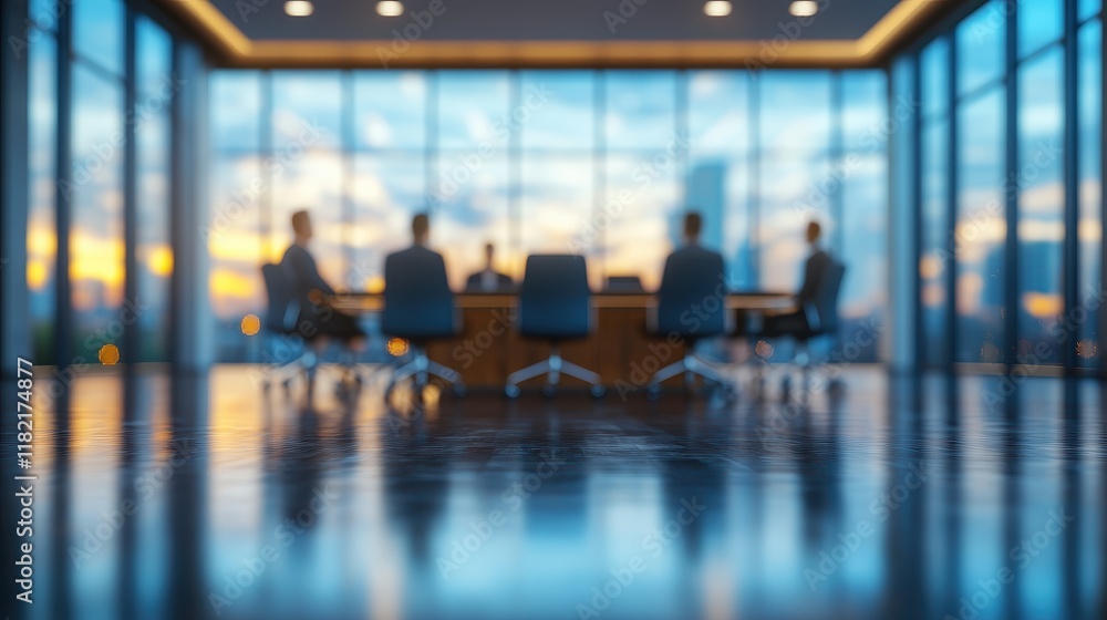 Sleek office interior with blurred business background, ergonomic desks, and natural light Sleek office interior with blurred business background, ergonomic desks, and natural light