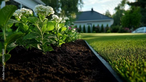 White flowers growing in garden bed with lawn and house. Landscaping companies, real estate agencies, garden design