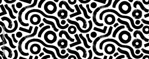 Seamless graffiti style banner design with grunge squiggles and circles. Grunge doodle seamless pattern. Brush drawn organic geometric shapes and bold curved lines. Trendy vector design.