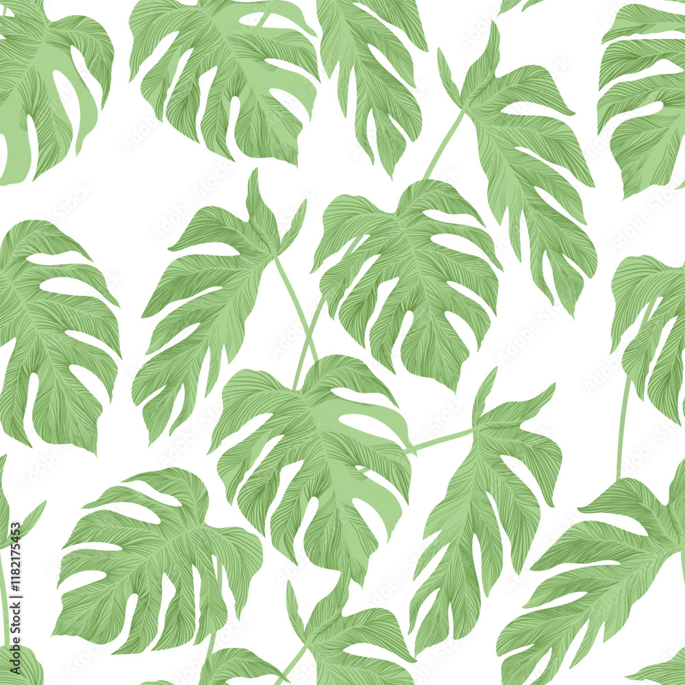 Obraz premium Jungle vector pattern with tropical leaves. Trendy summer print. Exotic seamless background.