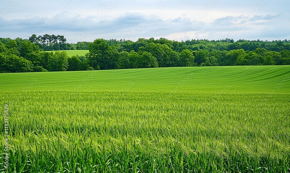 Fototapeta premium Green field, trees, cloudy sky. Ideal for nature, agriculture themes.