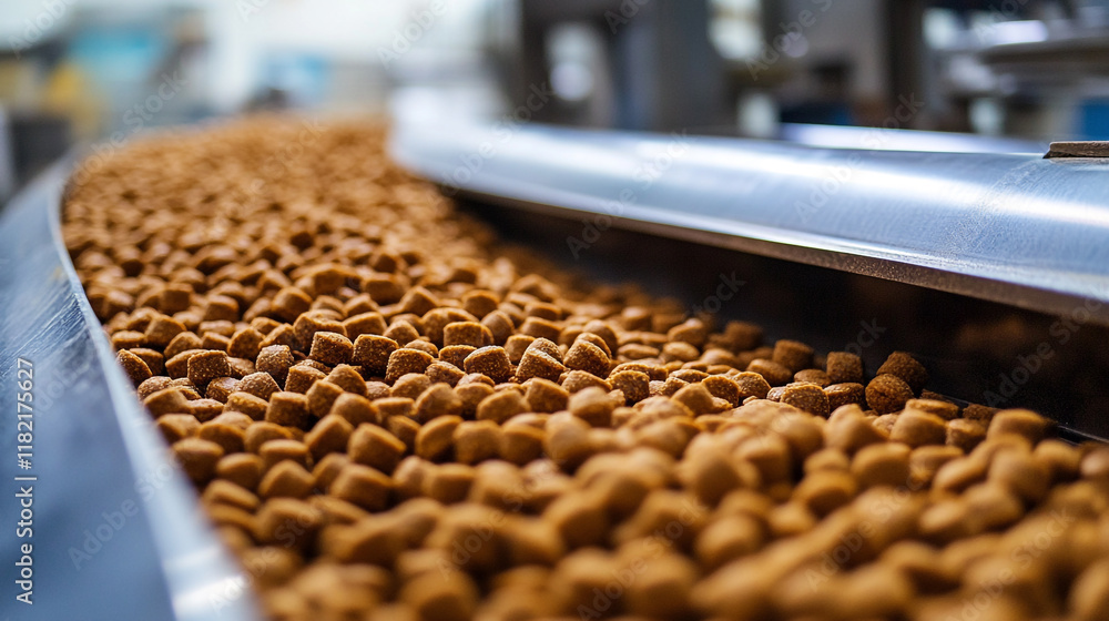 Conveyor belt transporting kibble at production facility throughout the day Conveyor belt transporting kibble at production facility throughout the day