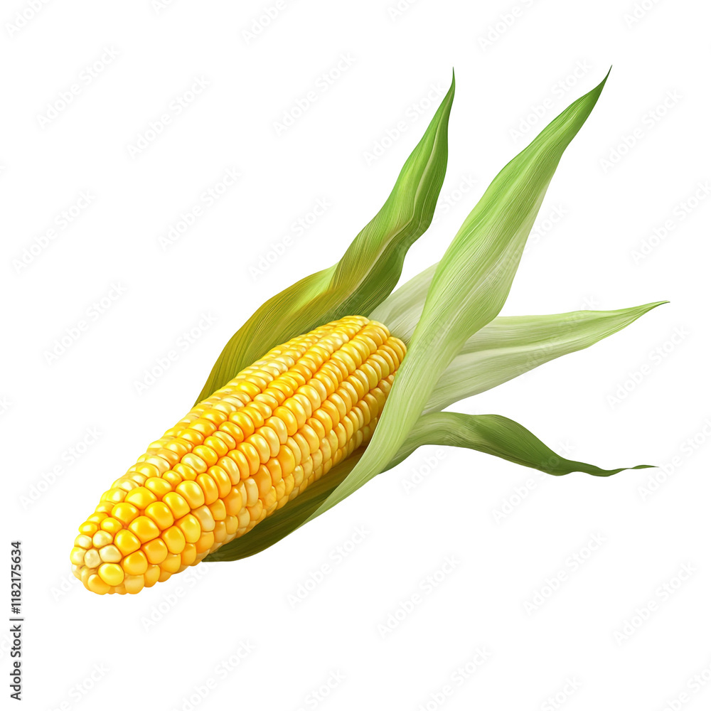 Obraz premium Fresh Corn on the Cob, Vibrant Yellow Kernels, Lush Green Husk, Close-up Studio Shot