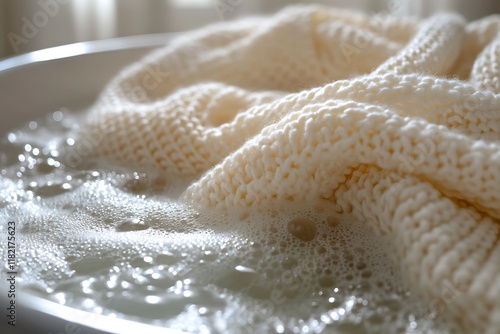 A white knitted sweater is being soaked in water with soap suds.
