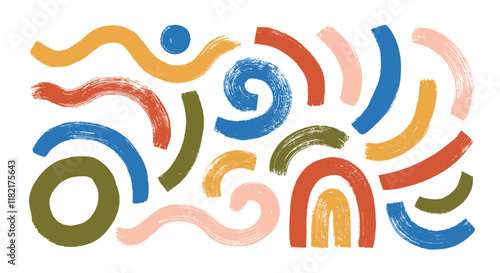 Collection of colorful curved bold lines, arches and circular brush strokes. Hand drawn thick rough lines, swirls. Abstract modern vector squiggles. Scribble doodle strokes for collages and design.