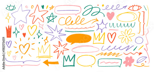 Colorful crayon doodle shapes collection in punk girly style, stars, crowns and speech bubbles.