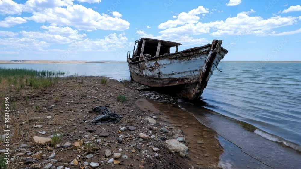 Abandoned boat wreck on lake shore with grass and clouds. Environmental protection organizations, climate change awareness Abandoned boat wreck on lake shore with grass and clouds. Environmental protection organizations, climate change awareness