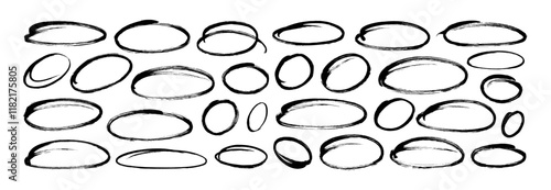 Ellipses, circles and ovals in doodle style drawn with a brush or pencil. Highlight oval frames, vector geometric round shapes to circle and highlight text. Bubbles for hand drawn diagrams and notes.