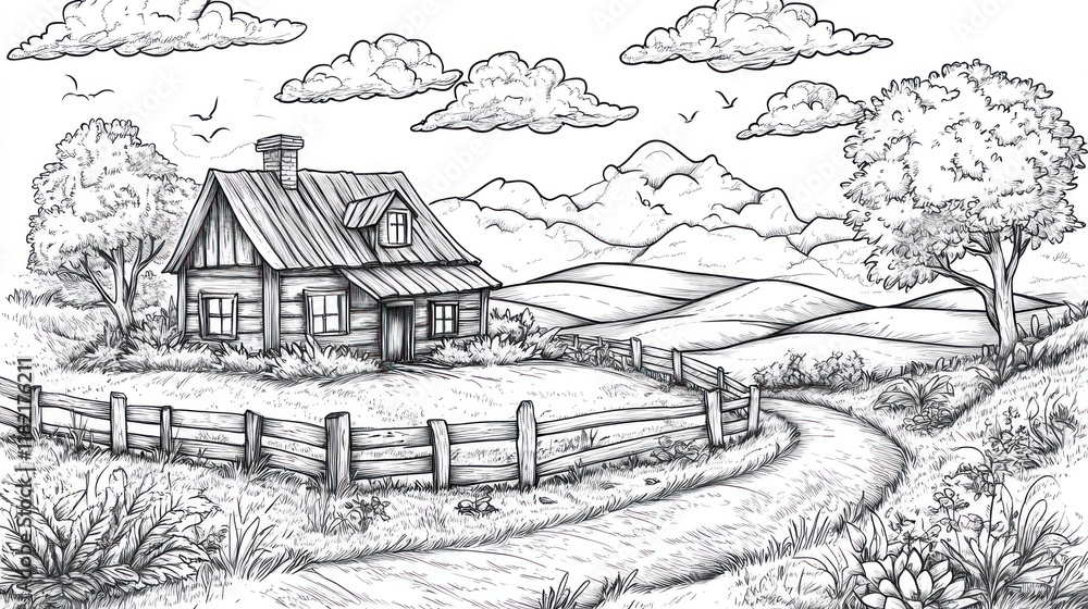Fototapeta premium Rustic cabin, country road, rolling hills, coloring page, idyllic scene