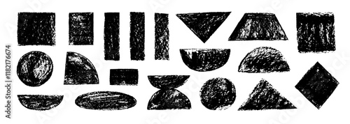Set of crayon drawn geometric basic shapes and quirky figures. Hand drawn pencil or chalk texture, geometric figures like triangle, square, rectangle, circle and oval. Sketchy kids style.