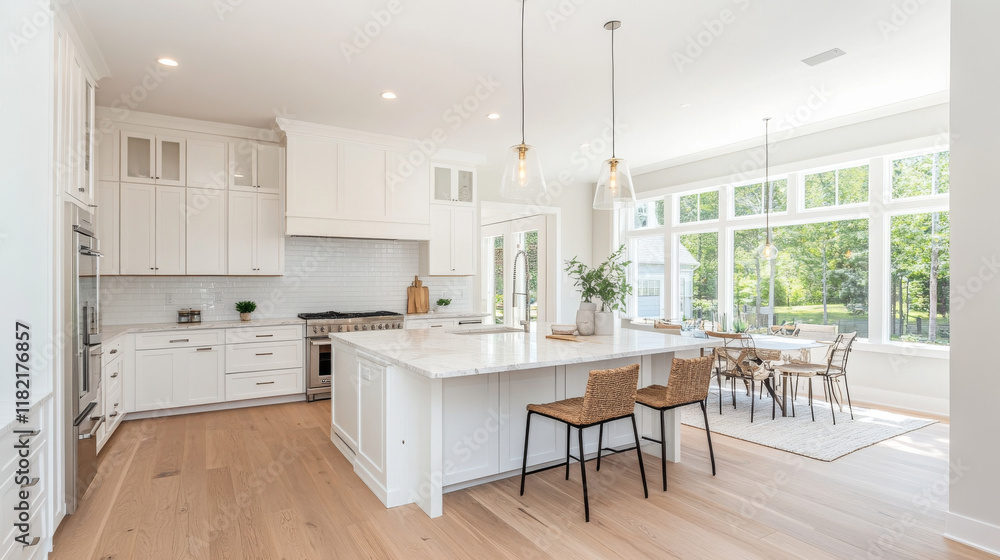 Modern kitchen with white cabinets, large island, and natural light Modern kitchen with white cabinets, large island, and natural light