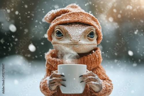 Sad cute baby animal screen lizard in winter warm clothes, holding warm drink with rising steam in paws. Social digital ads - Ð°nimal care. Problem of endangered animals. Social wildlife study. photo