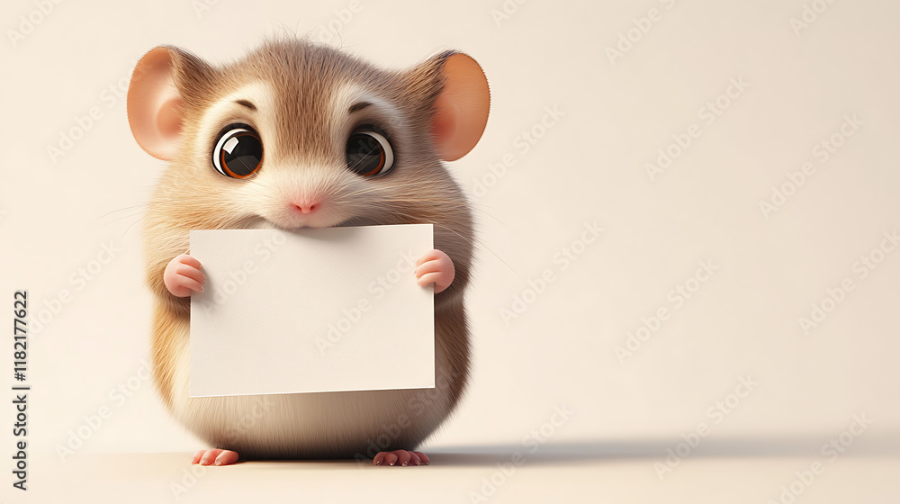 Fototapeta premium A cute cartoon hamster holding a blank sign, ready for a message or announcement.