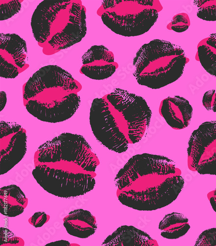 Pink lips abstract leopard seamless pattern. Seamless pattern with kiss and exotic wild animal spot silhouette. Vector stock seamless background